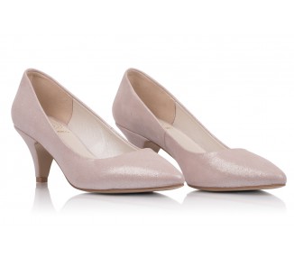 Buty ślubne OLIVIA Różowo  srebrne szpilki z czubatym noskiem niskie