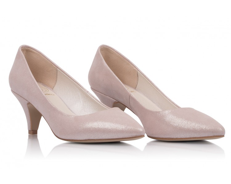 Buty ślubne OLIVIA Różowo  srebrne szpilki z czubatym noskiem niskie